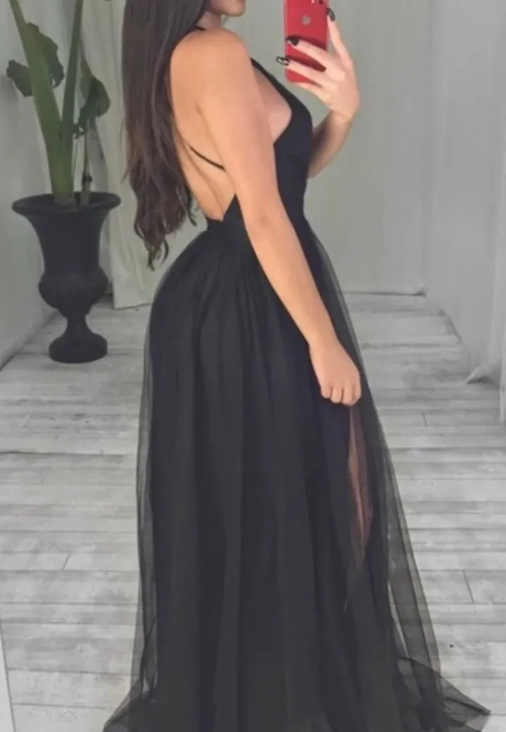 Luolandi Black V-Neck Tulle Long Prom Dresses A-Line Backless Evening Dresses Sexy