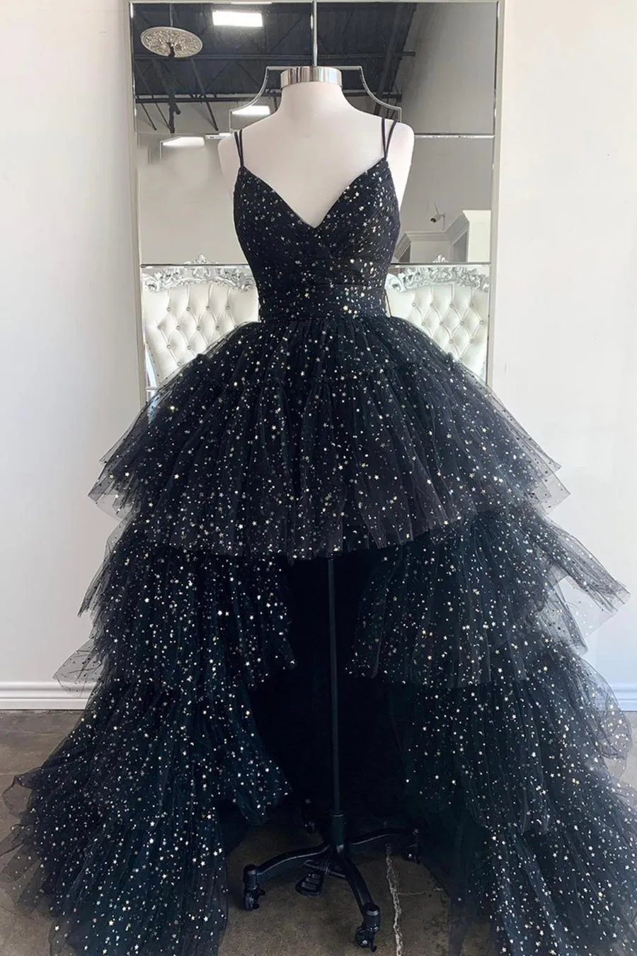 Luolandi Black V-Neck Tulle Long Prom Dresses High Low Evening Party Dresses Sparkly