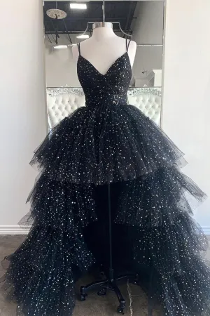 Luolandi Black V-Neck Tulle Long Prom Dresses High Low Evening Party Dresses Sparkly