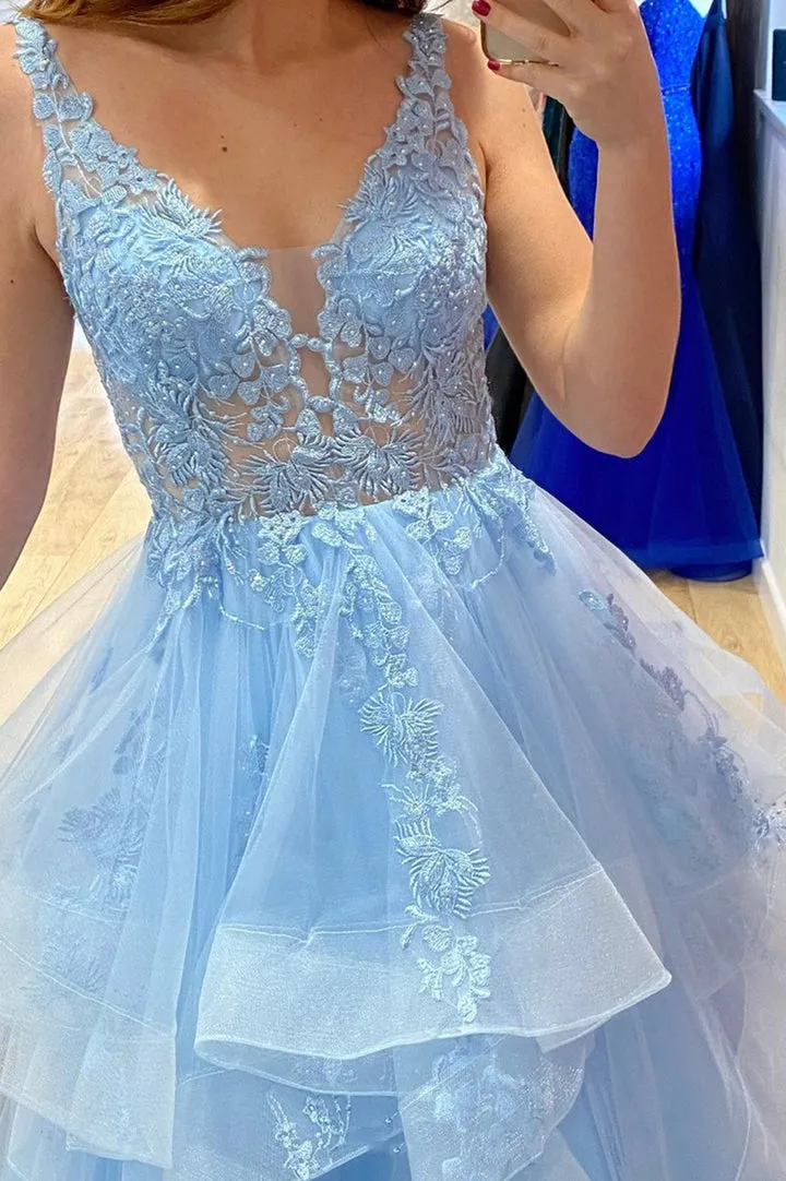 Luolandi Blue V-Neck Lace Long Prom Dresses A-Line Blue Formal Evening Dresses Party Dress