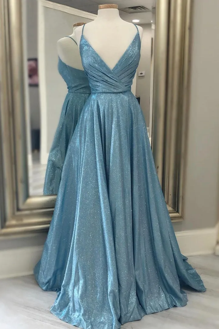 Luolandi Blue V-Neck Long Prom Dresses A-Line Blue Evening Dresses Sparkly