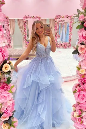 Luolandi Blue V-Neck Tulle Lace Long Prom Dresses A-Line Evening Dresses Sexy