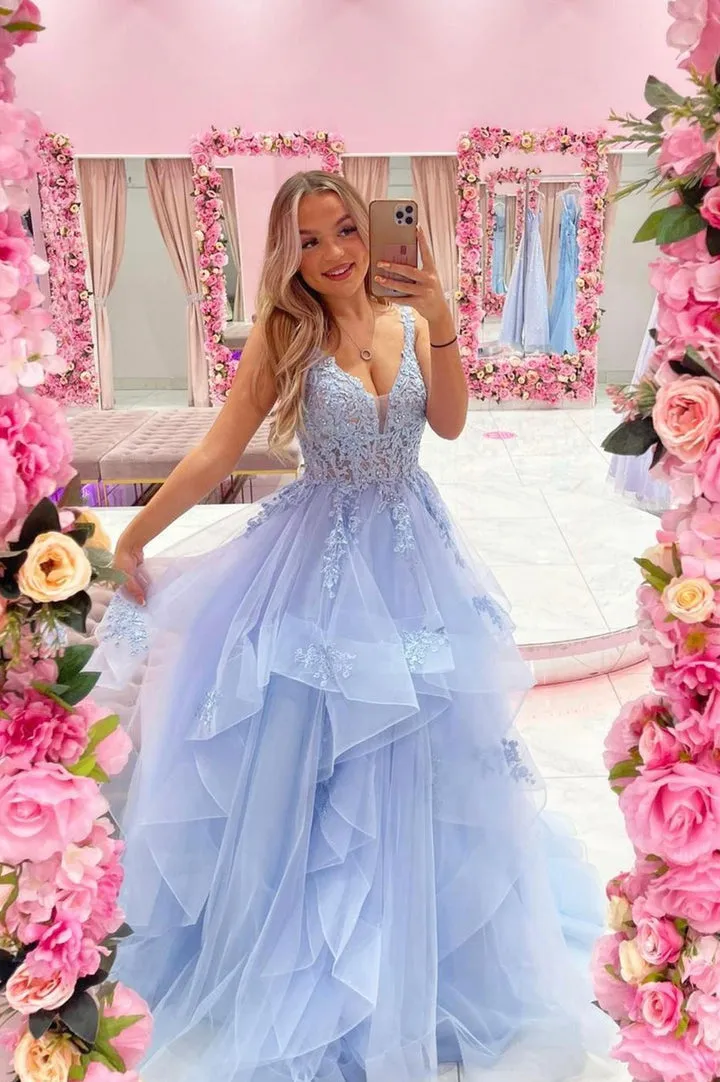 Luolandi Blue V-Neck Tulle Lace Long Prom Dresses A-Line Evening Dresses Sexy