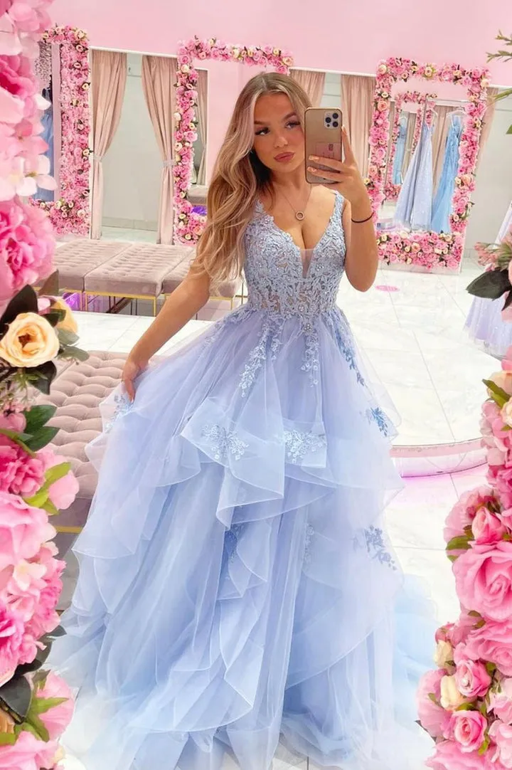 Luolandi Blue V-Neck Tulle Lace Long Prom Dresses A-Line Evening Dresses Sexy