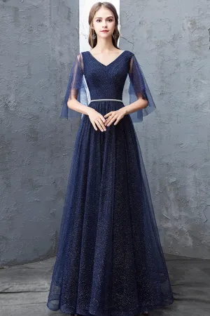 Luolandi Blue V-Neck Tulle Long Prom Dresses A-Line Evening Dresses Sparkly