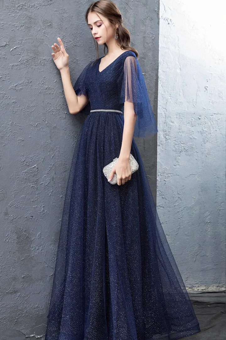 Luolandi Blue V-Neck Tulle Long Prom Dresses A-Line Evening Dresses Sparkly