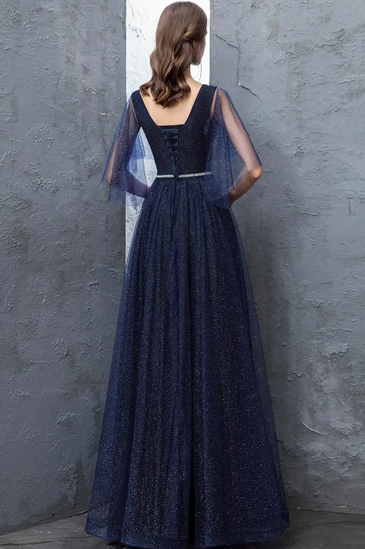 Luolandi Blue V-Neck Tulle Long Prom Dresses A-Line Evening Dresses Sparkly