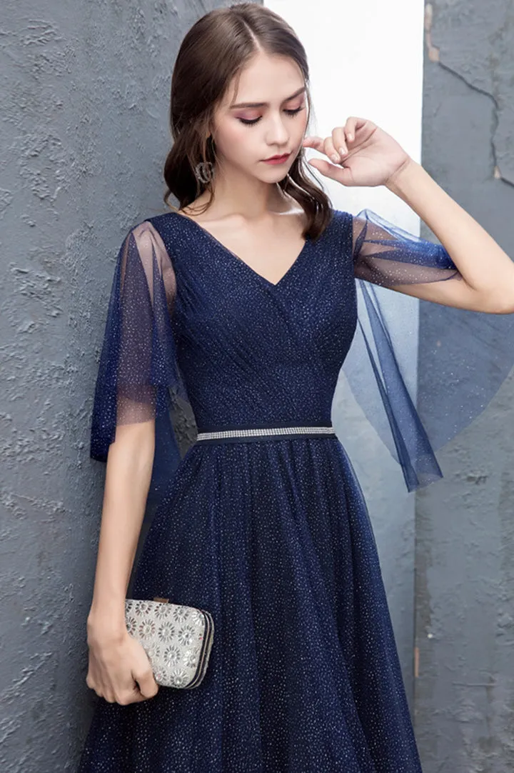 Luolandi Blue V-Neck Tulle Long Prom Dresses A-Line Evening Dresses Sparkly