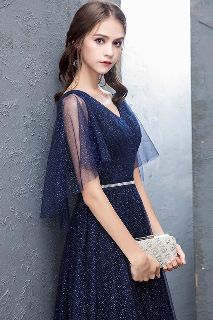 Luolandi Blue V-Neck Tulle Long Prom Dresses A-Line Evening Dresses Sparkly