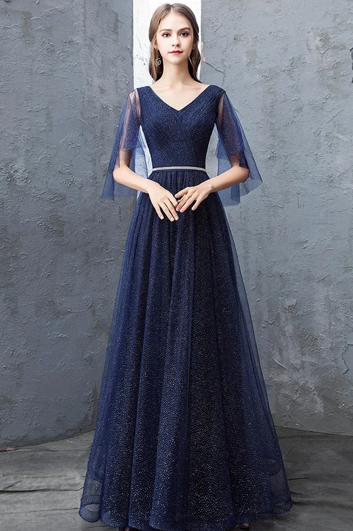 Luolandi Blue V-Neck Tulle Long Prom Dresses A-Line Evening Dresses Sparkly