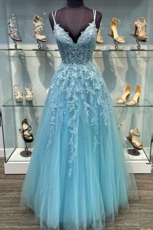 Luolandi Blue V-Neck Tulle Long Prom Dresses A-Line Evening Dresses with Lace Beautiful