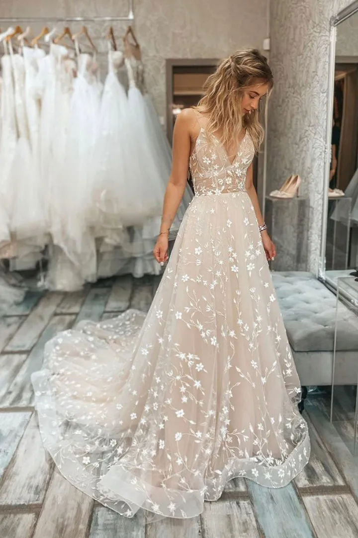 Luolandi Champagne V-Neck Lace Long Prom Dresses A-Line Formal Evening Dresses Beautiful