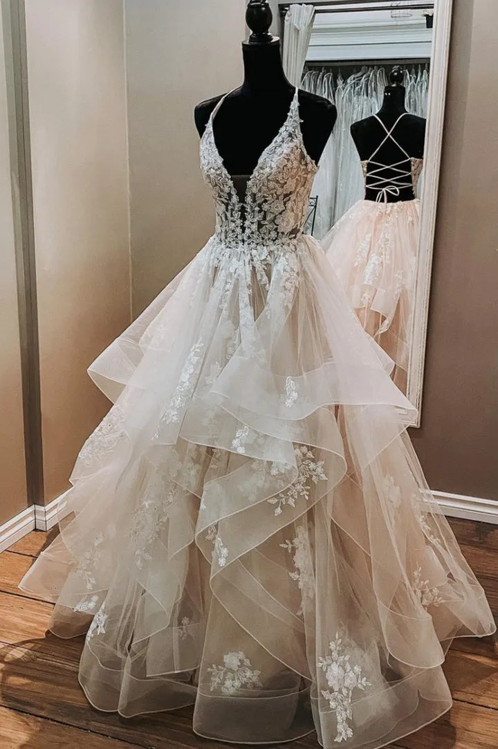 Luolandi Champagne V-Neck Tulle Long Prom Dresses A-Line Formal Evening Dresses Sexy