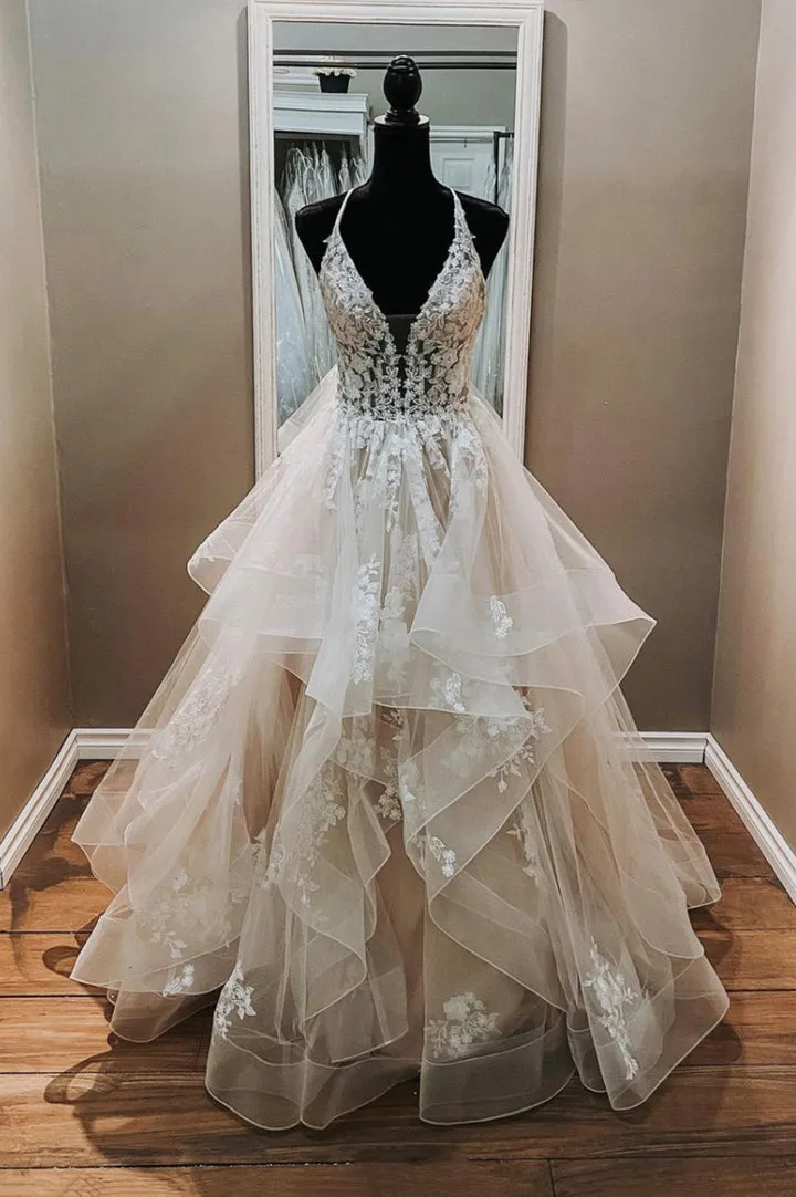 Luolandi Champagne V-Neck Tulle Long Prom Dresses A-Line Formal Evening Dresses Sexy