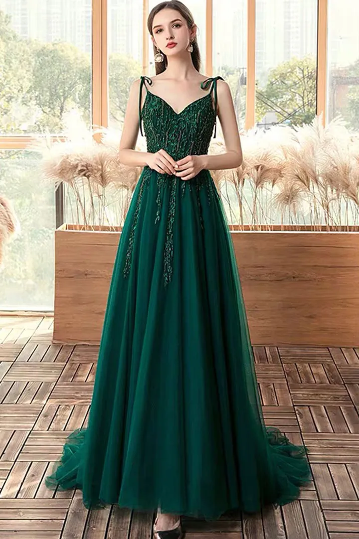 Luolandi Green V-Neck Lace Long Prom Dresses A-Line Evening Dresses Floor Length