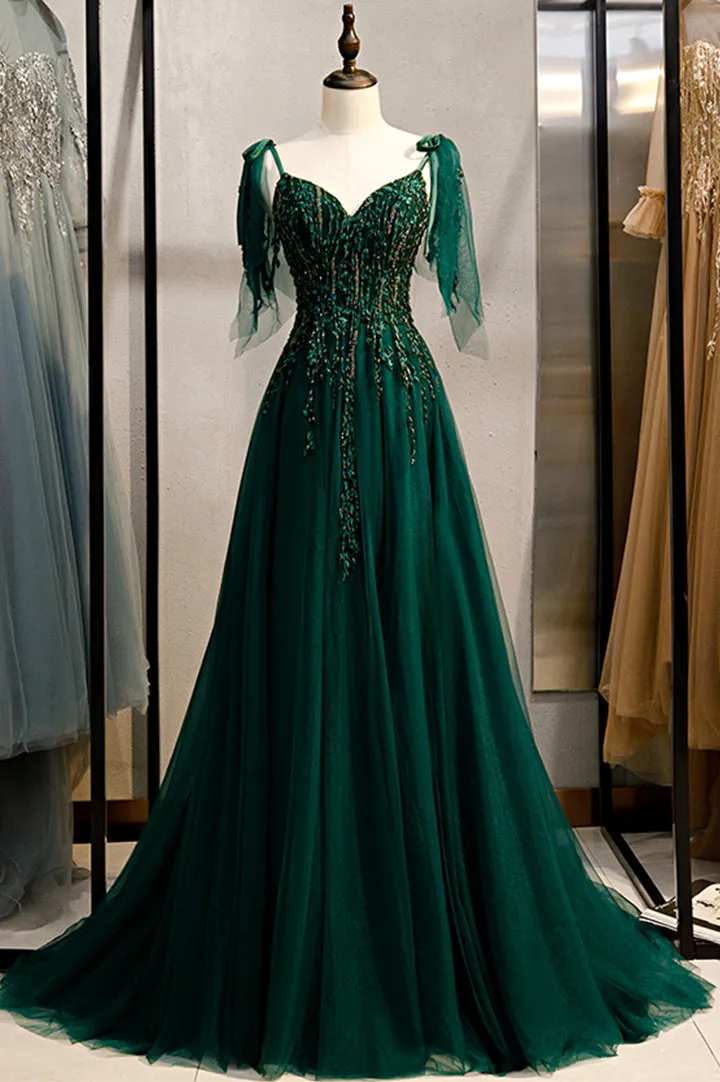Luolandi Green V-Neck Lace Long Prom Dresses A-Line Evening Dresses Sexy