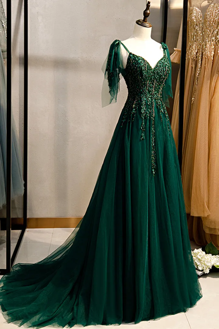 Luolandi Green V-Neck Lace Long Prom Dresses A-Line Evening Dresses Sexy
