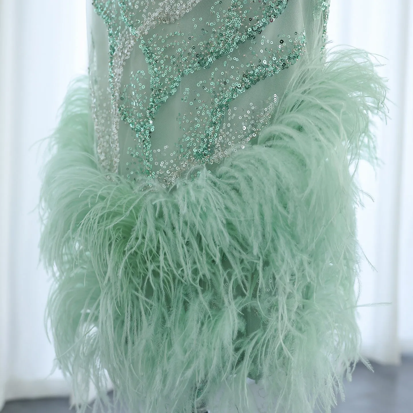 Luxury Feather Sage Green Criss Cross Evening Dress SS436