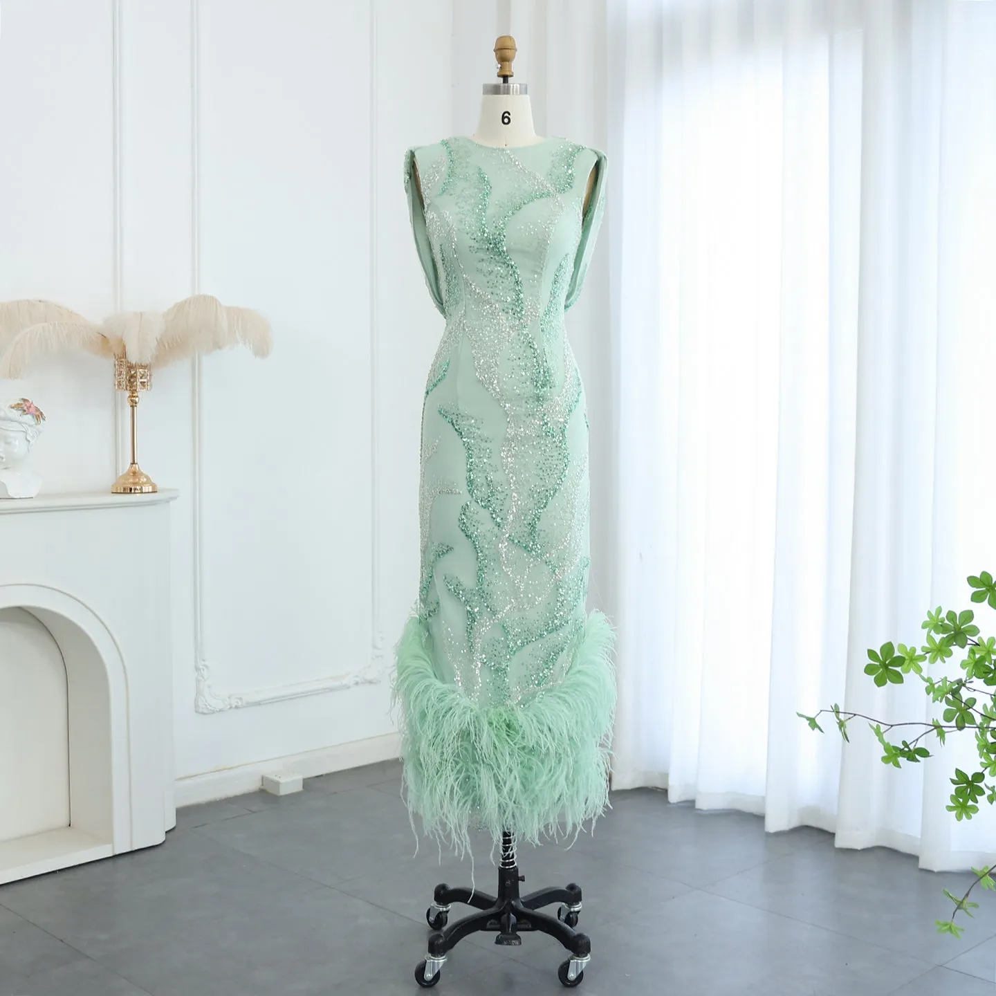 Luxury Feather Sage Green Criss Cross Evening Dress SS436