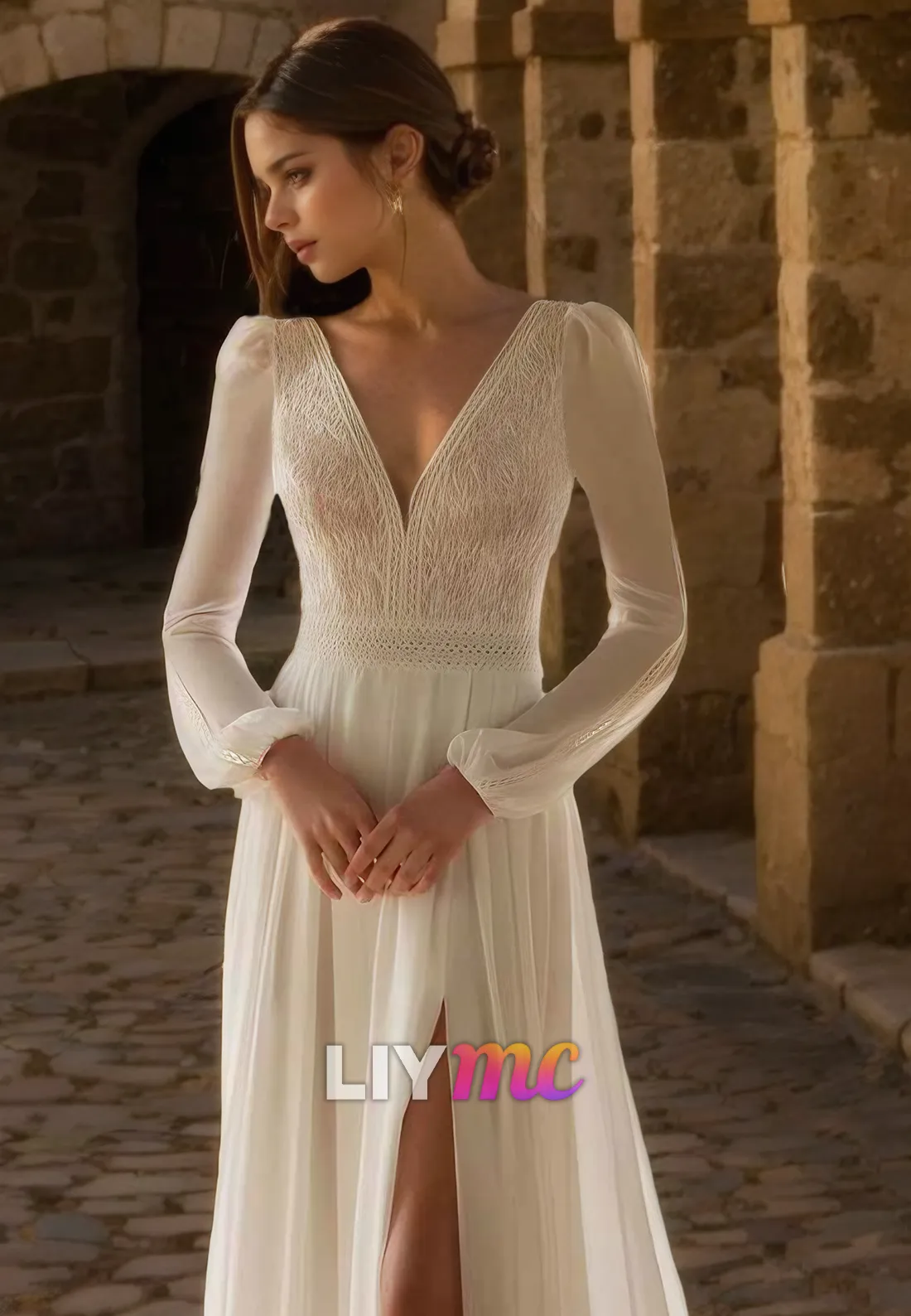 LW486 - A-Line V-Neck Long Tulle Sleeves Lace Illusion Button Floor-Length Wedding Dress With Sweep Train
