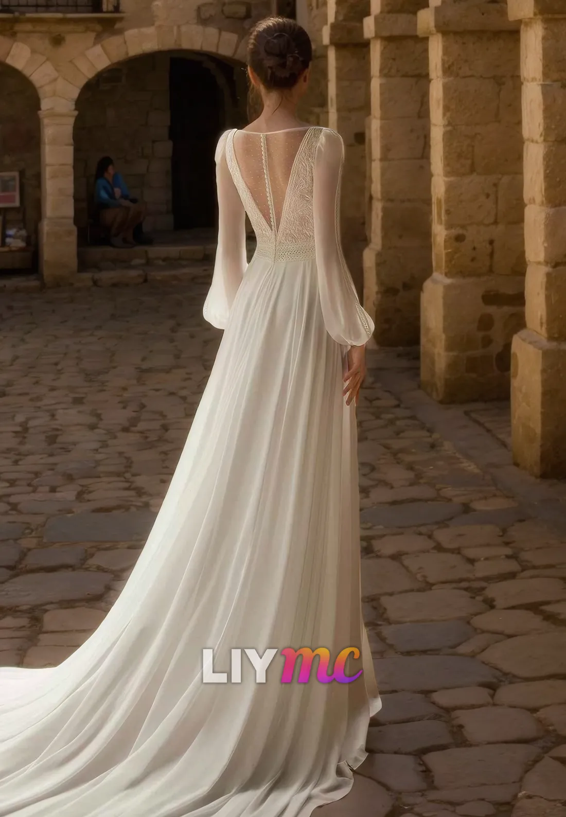 LW486 - A-Line V-Neck Long Tulle Sleeves Lace Illusion Button Floor-Length Wedding Dress With Sweep Train