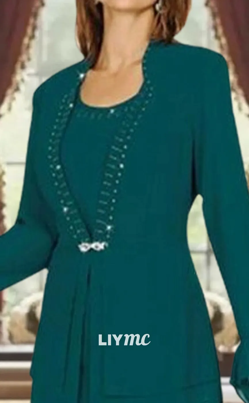 M1085 - Formal Wedding Guest Elegant Jewel Neck Ankle Length Chiffon Long Sleeve Jacket Dresses with Beading Crystal Brooch