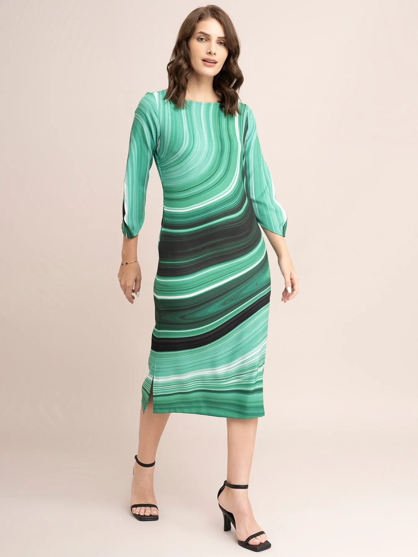 Marble Print Boat Neck Dress - Green