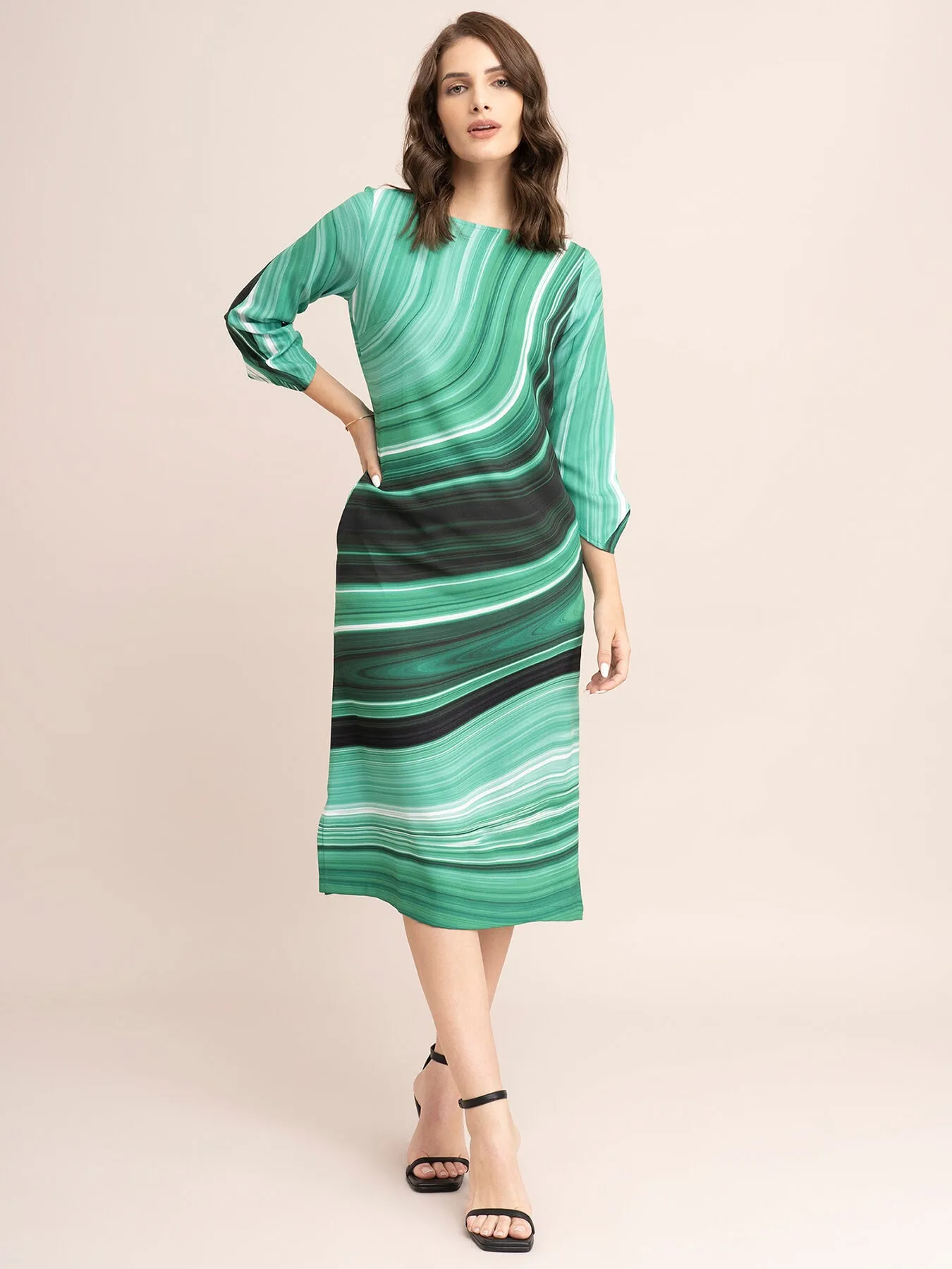 Marble Print Boat Neck Dress - Green