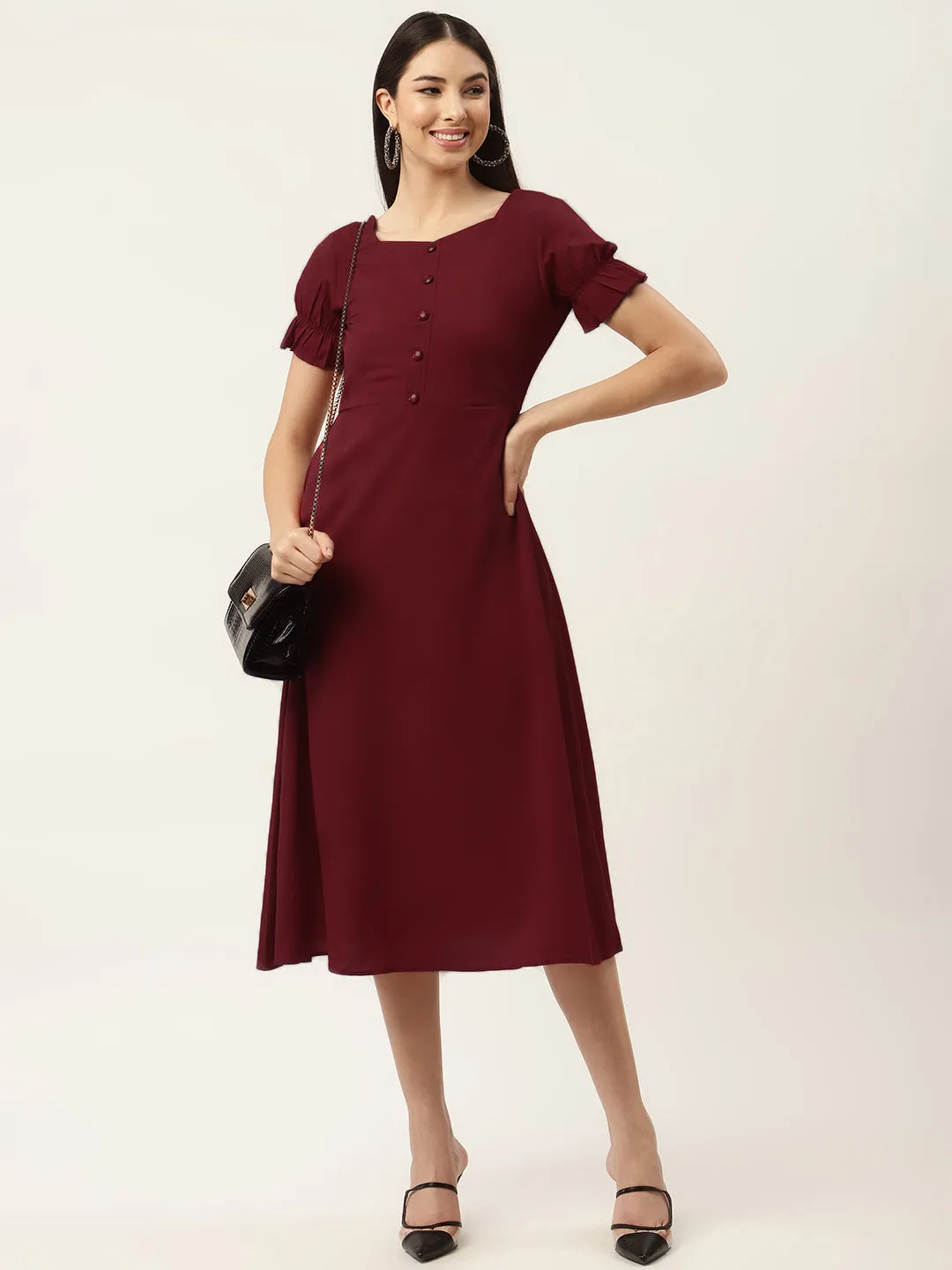 Maroon Crepe Midi Dress