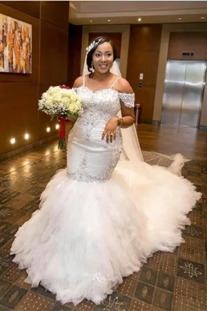 Mermaid Appliques Plus Size Bride Dress  Gorgeous Lace Cap-Sleeve Wedding Dress