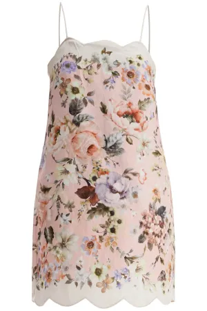 MINI FLORAL LINEN DRESS IN PINK WITH SCALLOP NECKLINE AND SLEEVELESS