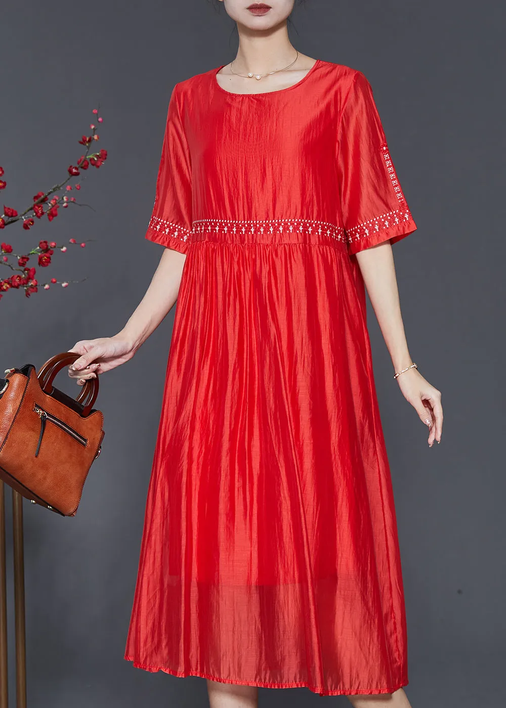 Modern Orange Embroidered Linen Silk Dress Summer SD1094