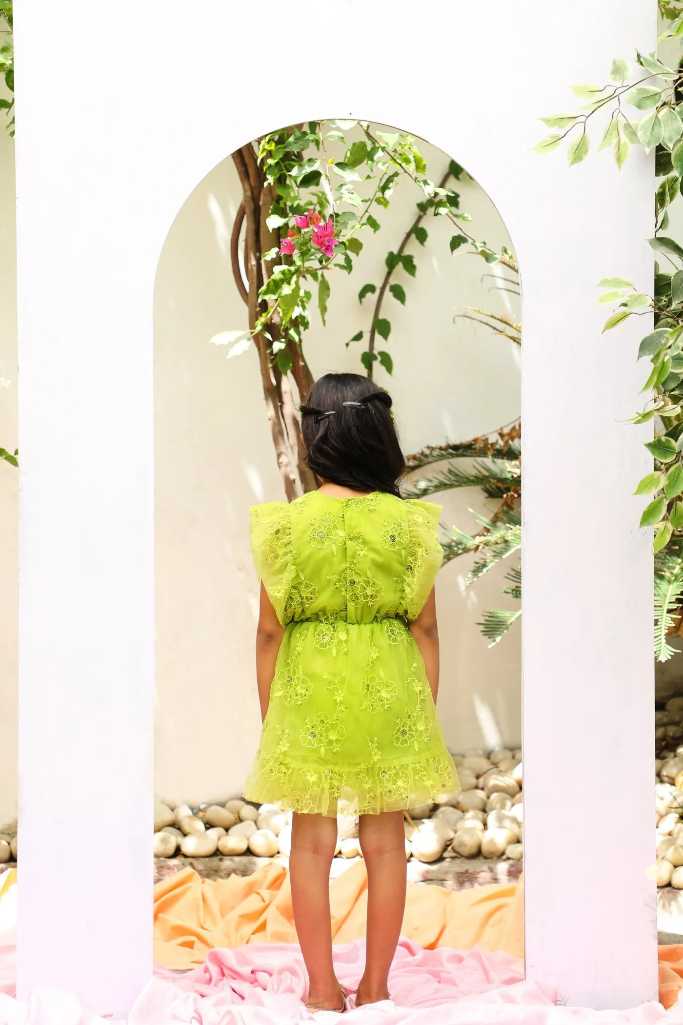 Monica Sequins Embroidery Sparkle Net Girls Dress - Lime Green