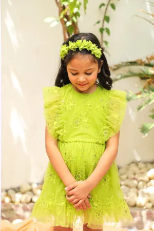 Monica Sequins Embroidery Sparkle Net Girls Dress - Lime Green