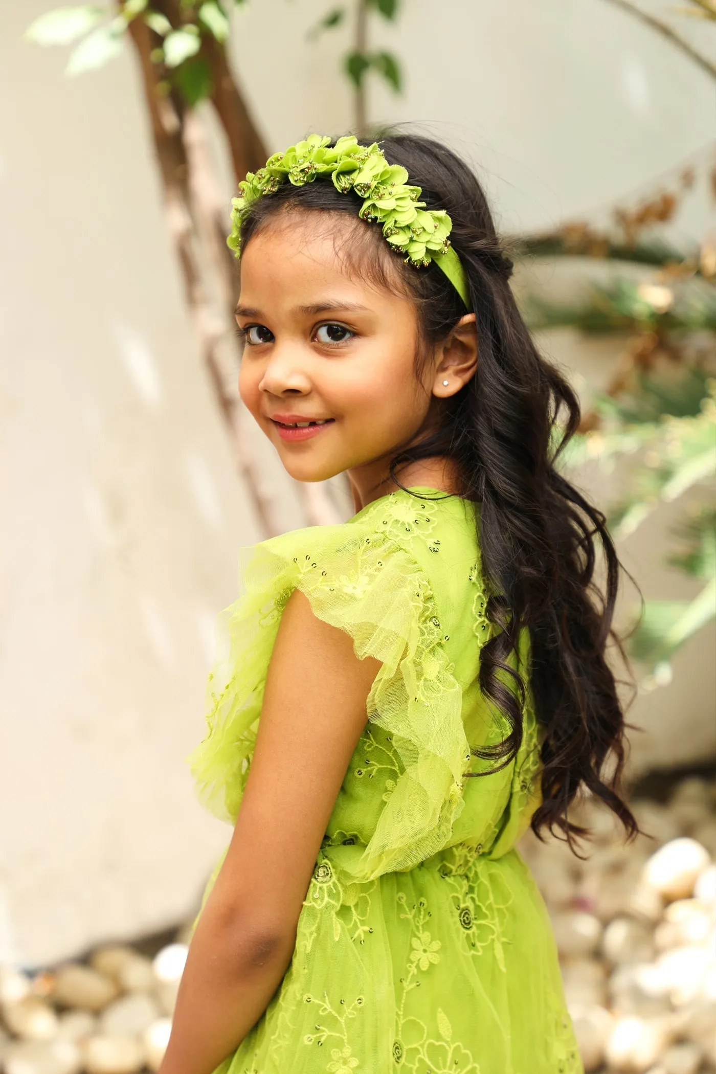 Monica Sequins Embroidery Sparkle Net Girls Dress - Lime Green
