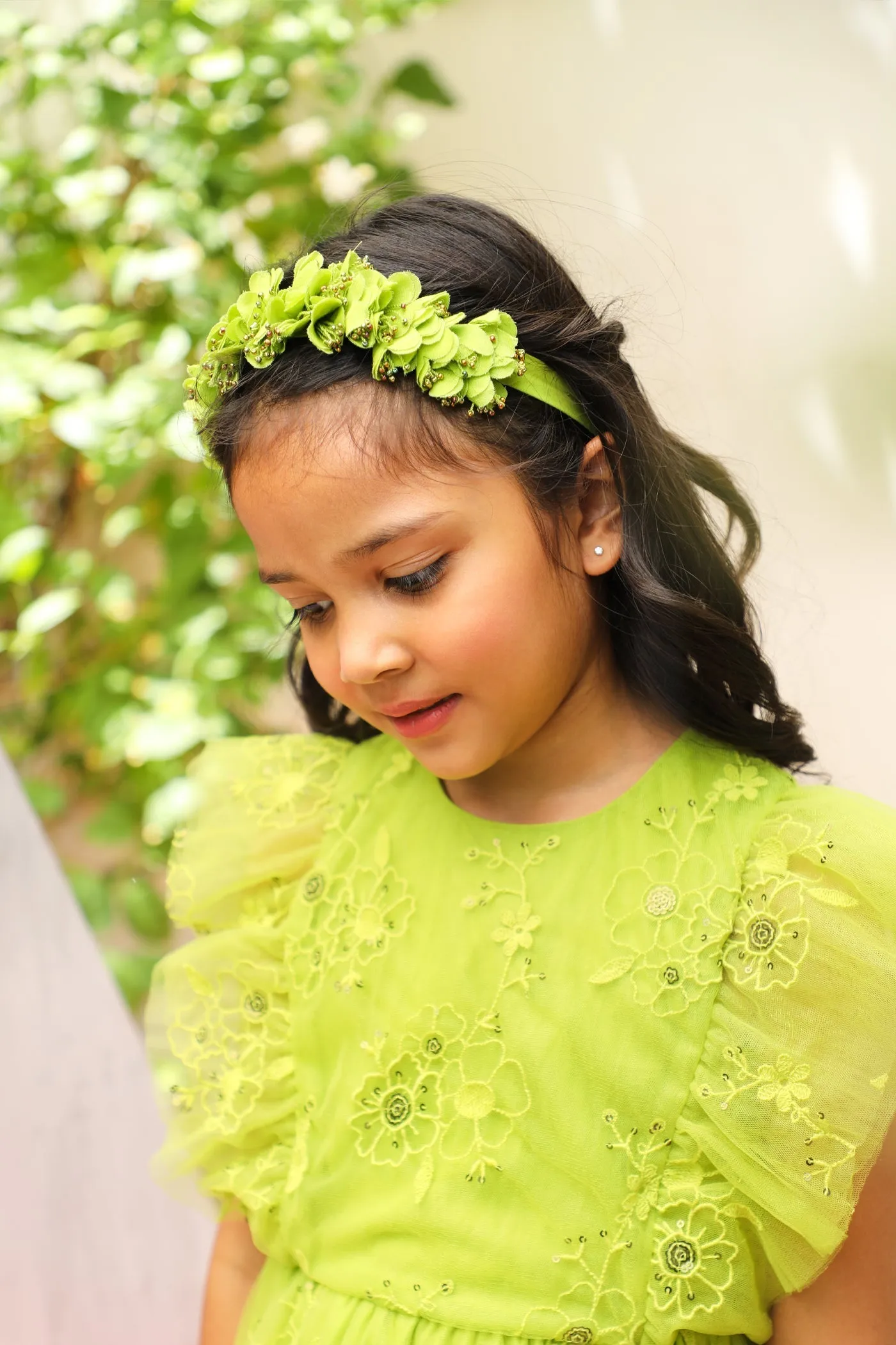Monica Sequins Embroidery Sparkle Net Girls Dress - Lime Green