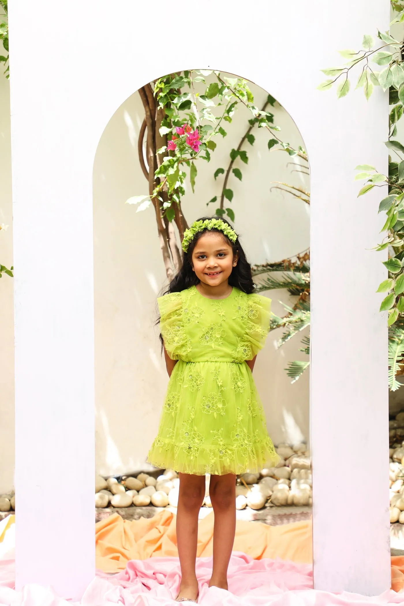 Monica Sequins Embroidery Sparkle Net Girls Dress - Lime Green