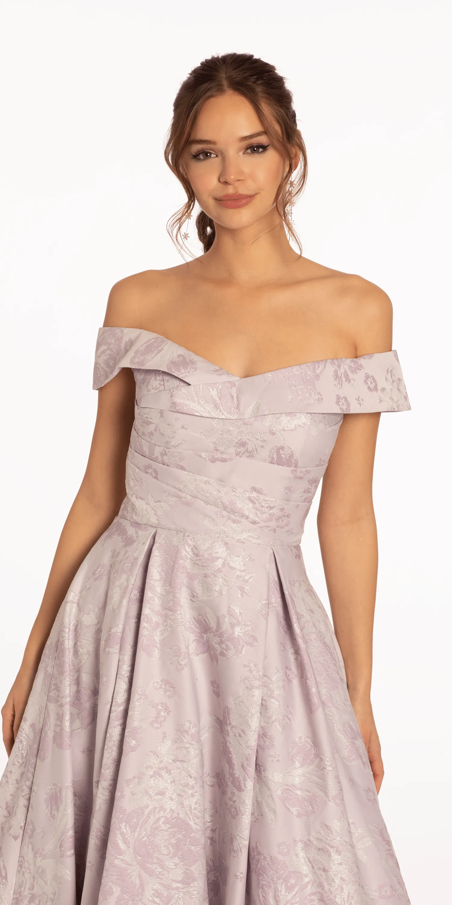 Off the Shoulder Floral Jacquard Ballgown with Pockets