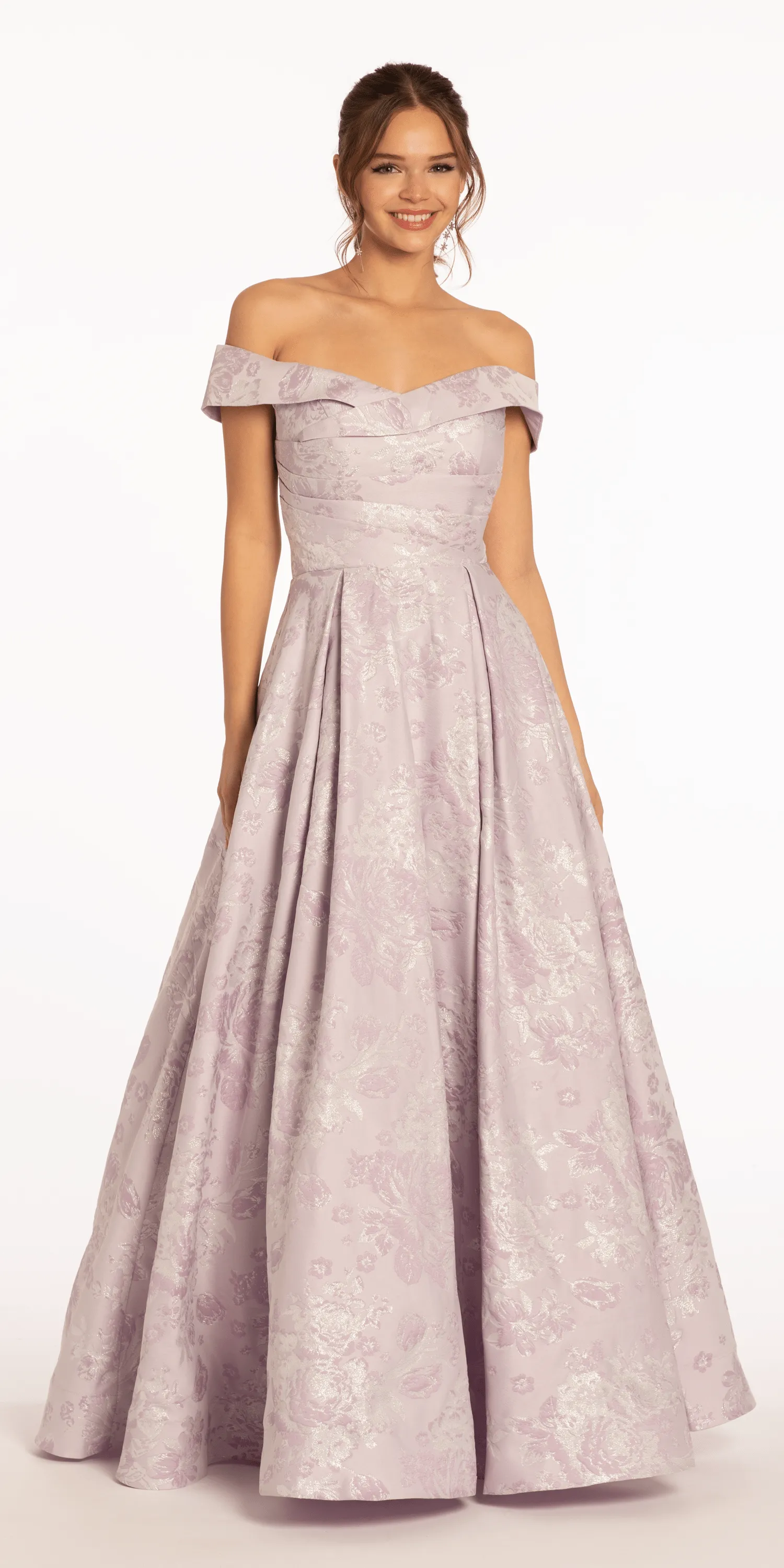 Off the Shoulder Floral Jacquard Ballgown with Pockets