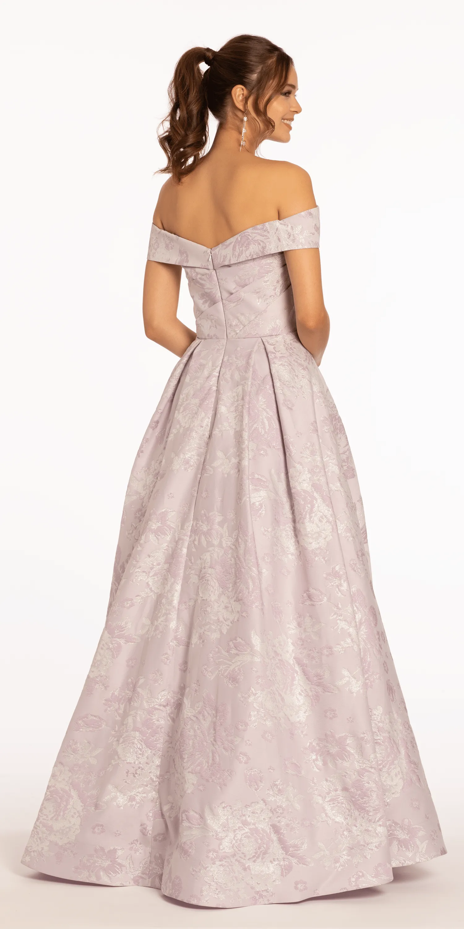 Off the Shoulder Floral Jacquard Ballgown with Pockets
