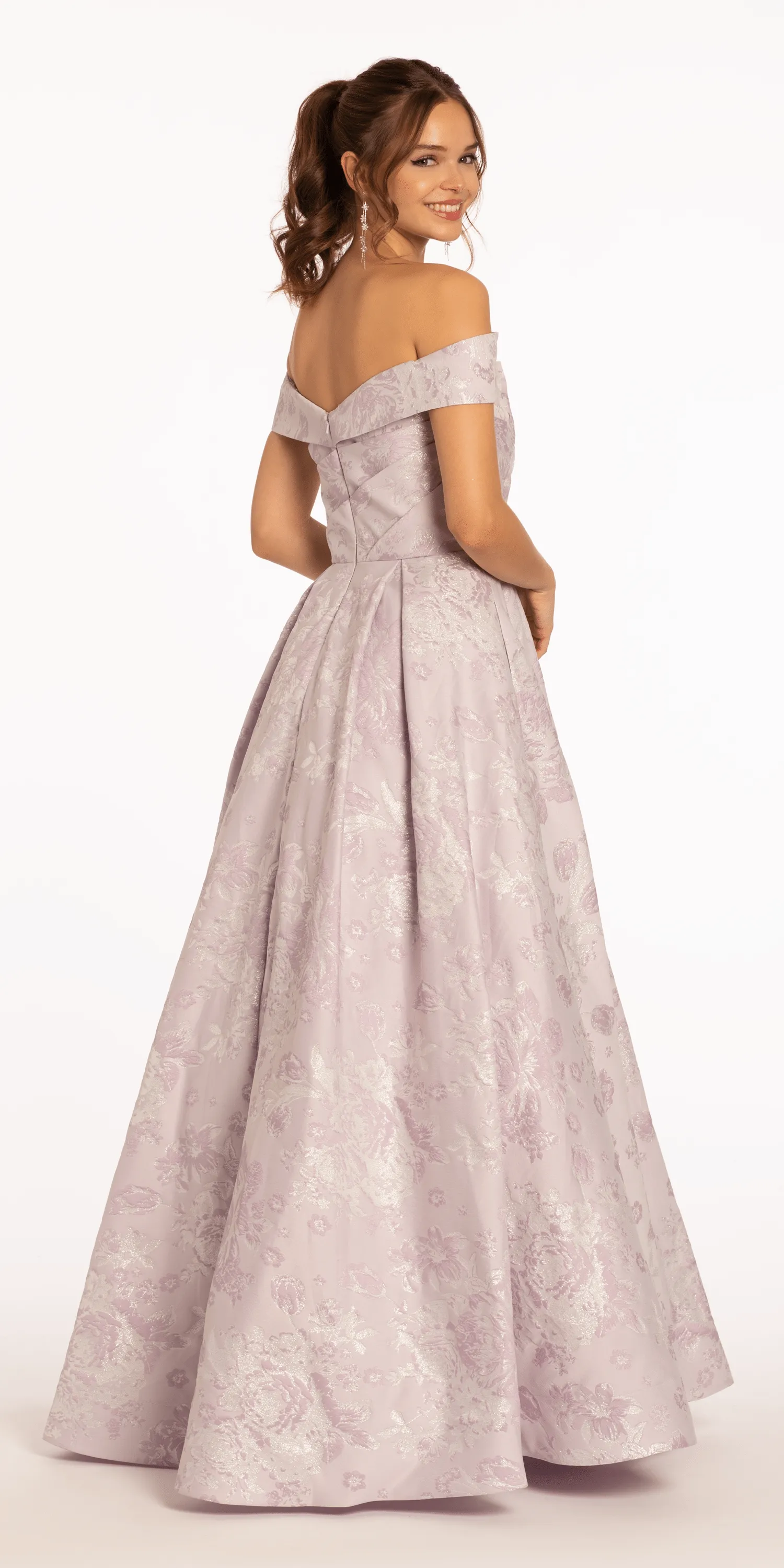 Off the Shoulder Floral Jacquard Ballgown with Pockets