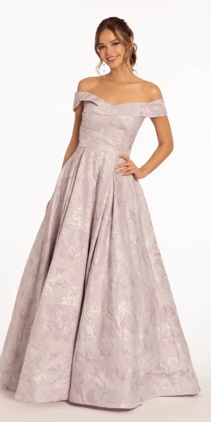 Off the Shoulder Floral Jacquard Ballgown with Pockets