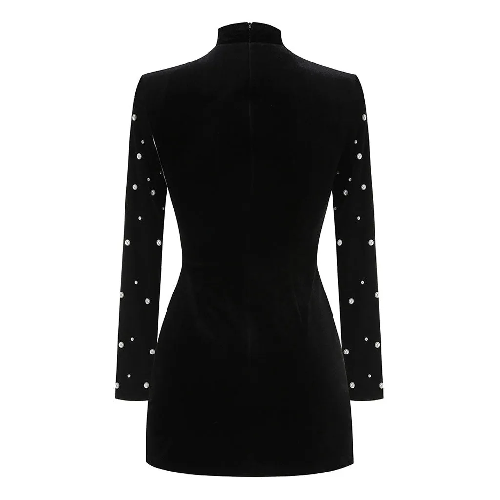 Opulent Faux Pearl Embellished Long Sleeve Velvet Bodycon Mini Party Dress