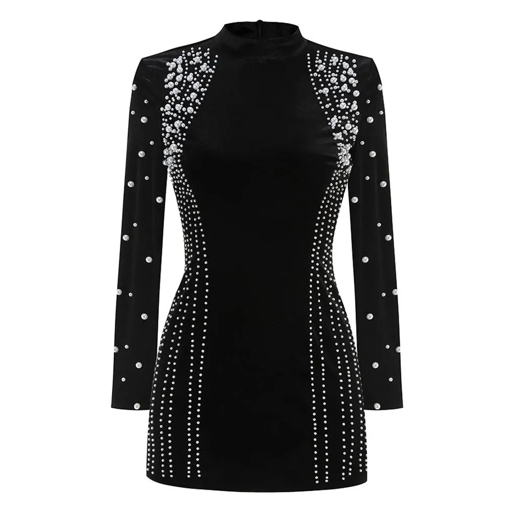 Opulent Faux Pearl Embellished Long Sleeve Velvet Bodycon Mini Party Dress