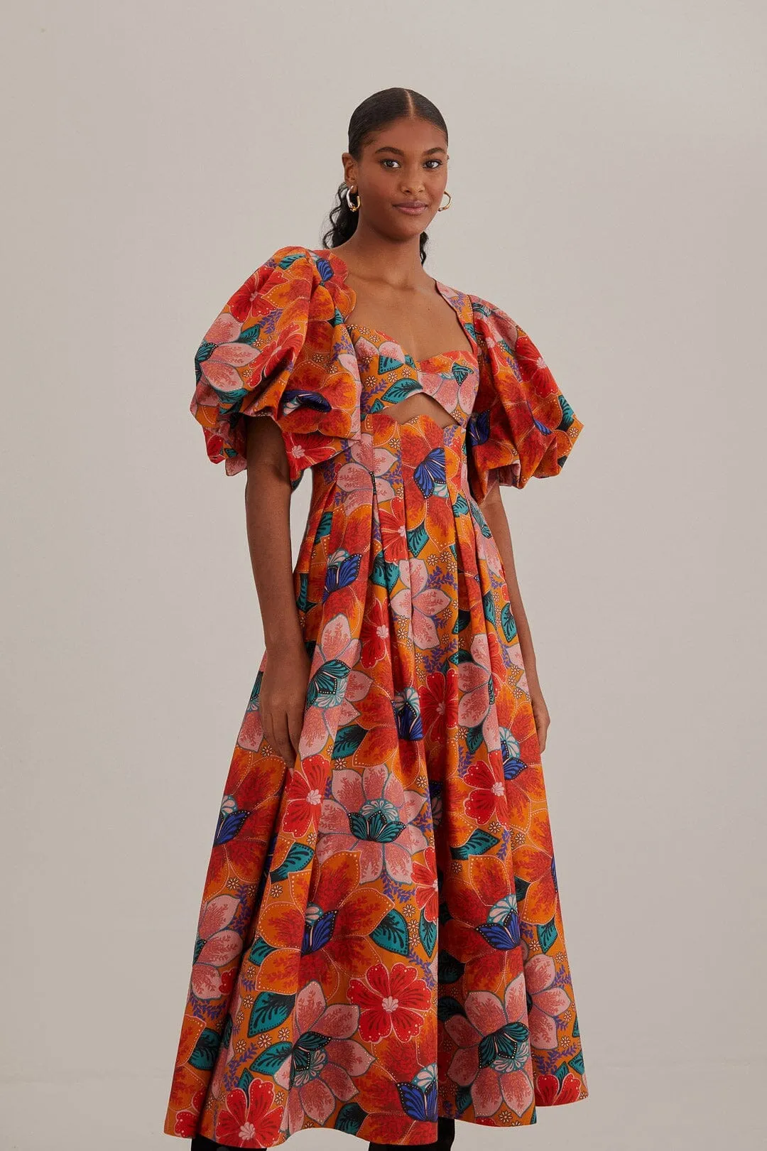 Orange Marias Floral Cut-Out Midi Dress