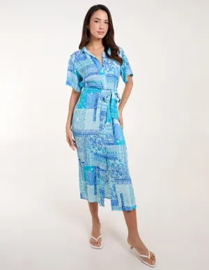 Patchwork Button Through Shirt Belted Dress