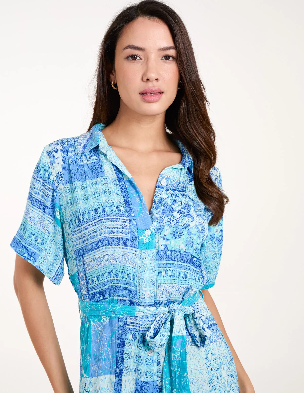Patchwork Button Through Shirt Belted Dress