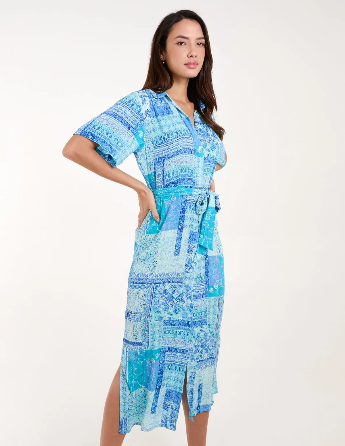 Patchwork Button Through Shirt Belted Dress