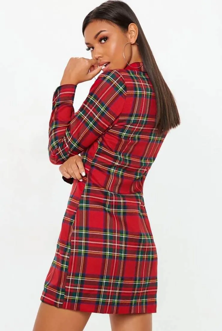 Plaid V-neck Long Sleeve Mini Dress