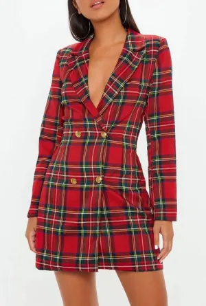 Plaid V-neck Long Sleeve Mini Dress